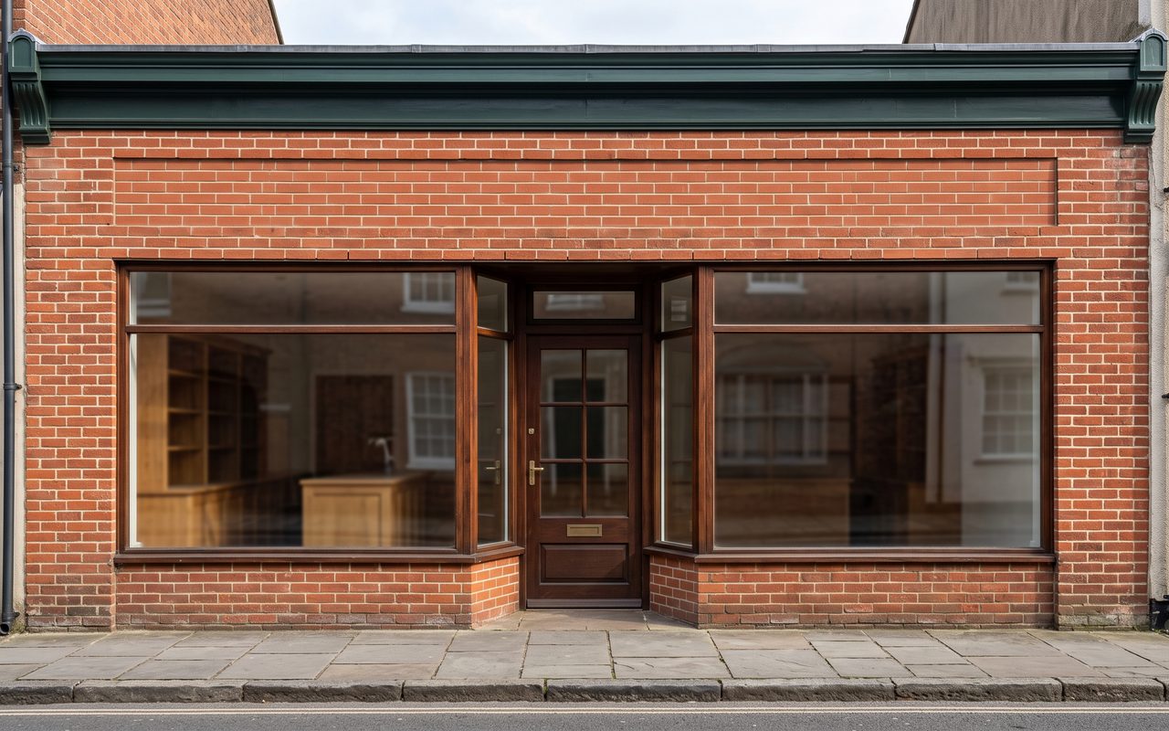 Sample bare brick storefront in daylight, fictional, no client logo